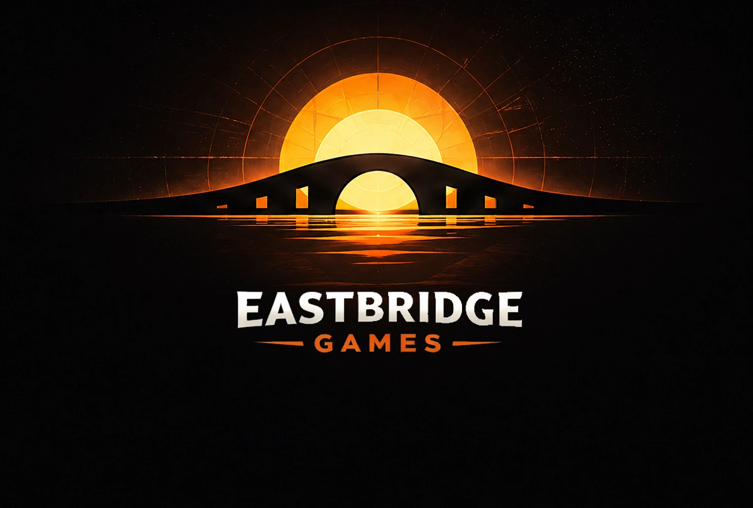 A bridge silhouetted before a setting sun, reflected on still water.
