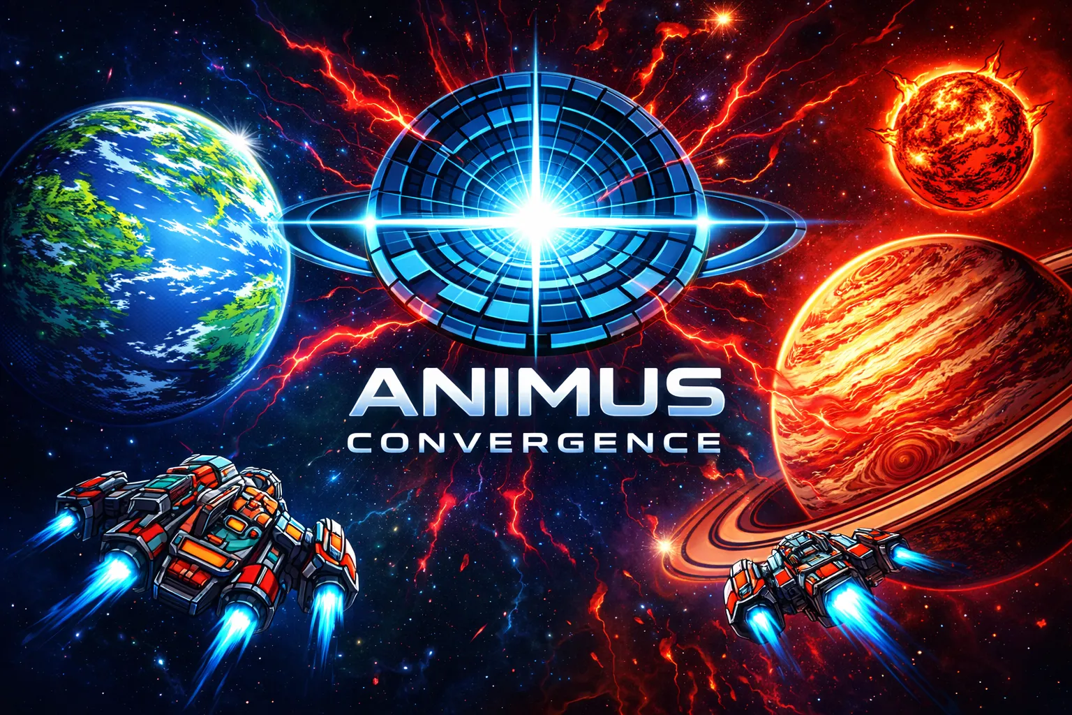 Animus: Convergence key art — planets and battle fleets around a blazing psychic vortex.