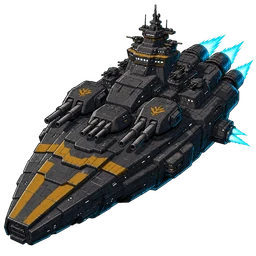 Battleship-class hull concept render — layered gun decks and drive flares.