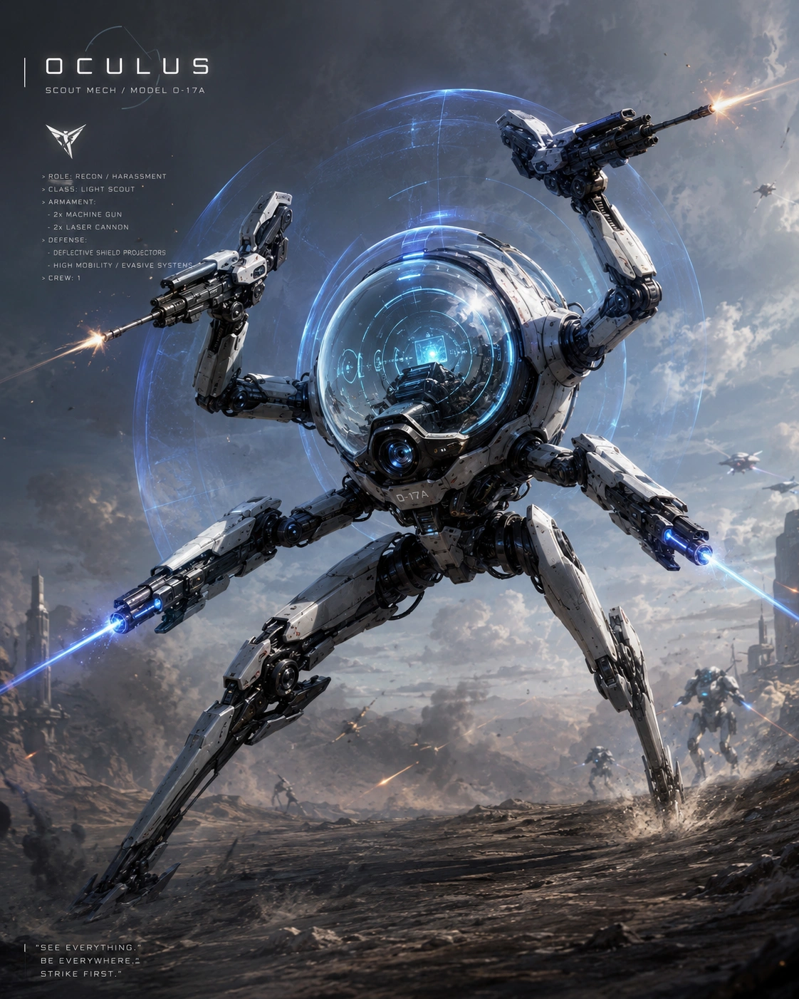 Fast scout mech concept — glass orb body, long nimble legs, four arms.