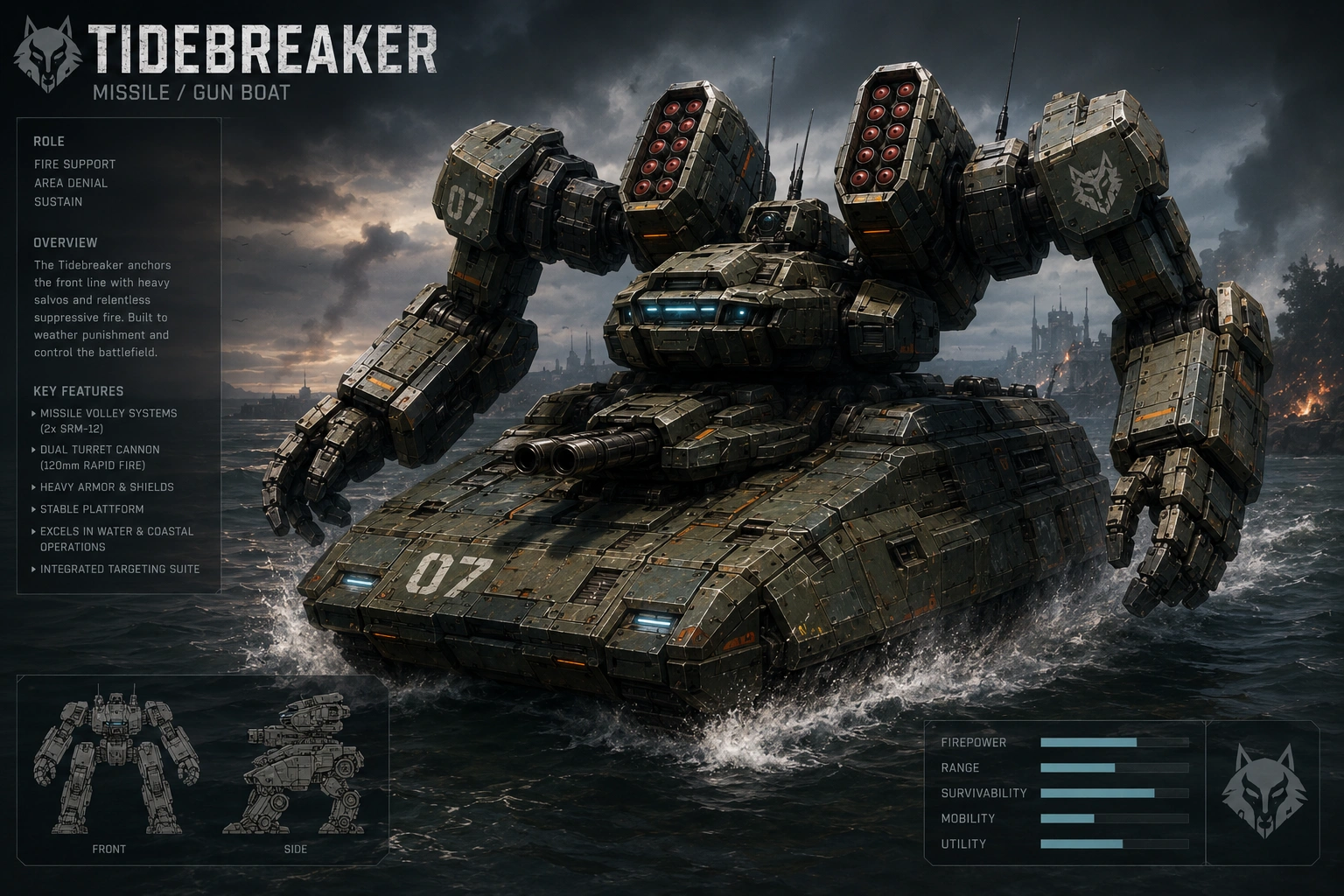 Assault mech concept — area control, push-and-burn.