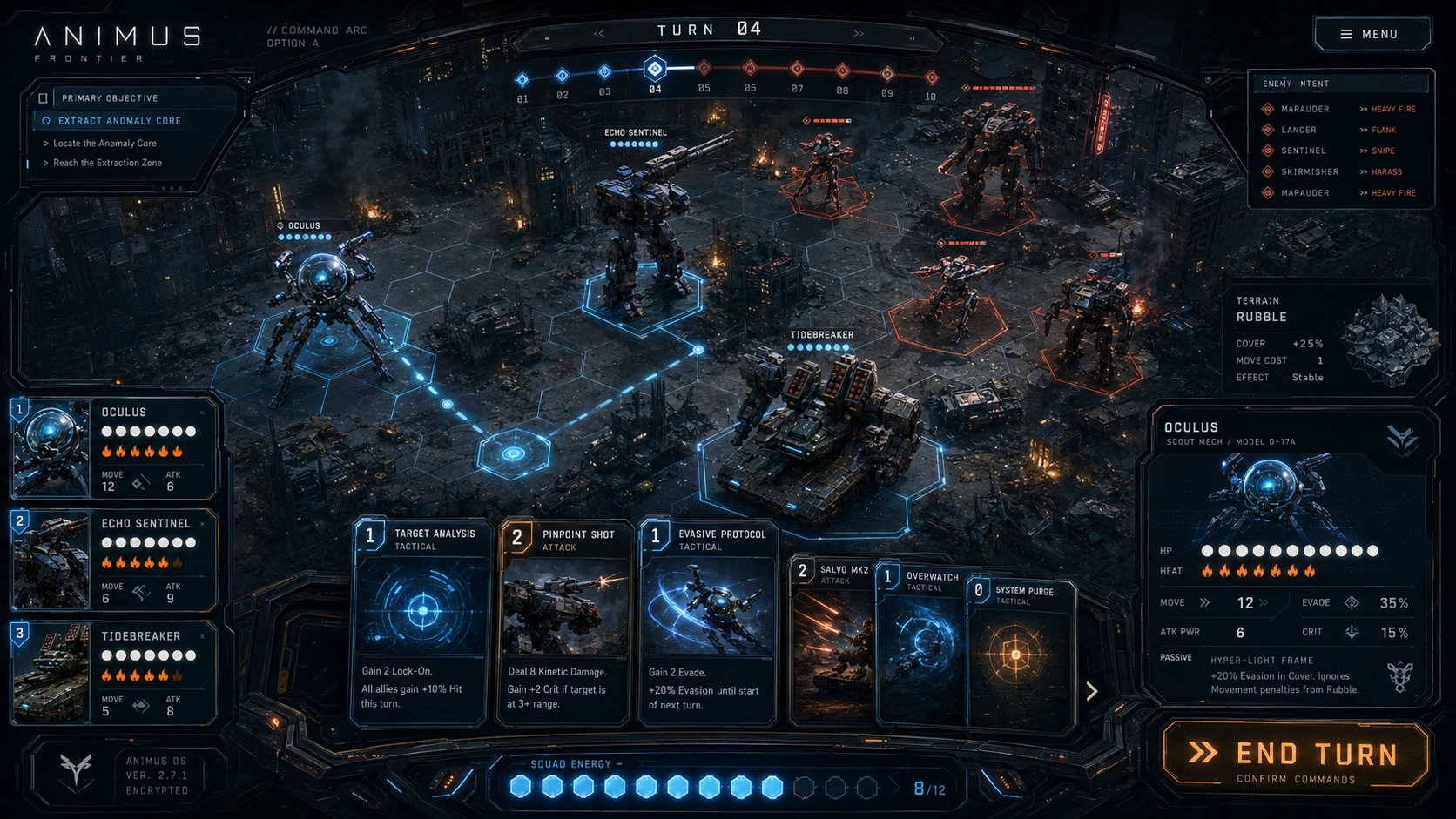 Animus: Frontier — in-combat HUD with hand of cards, mech roster, enemy intent panel.