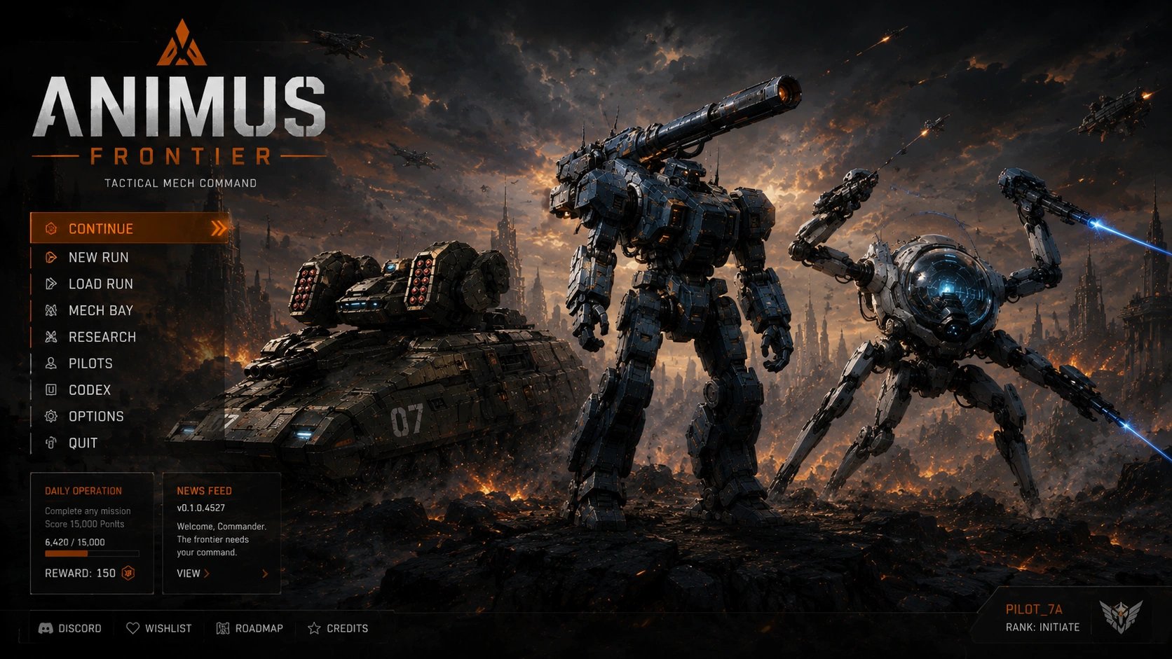 Animus: Frontier — main menu concept art showing a mech silhouette over a horizon.