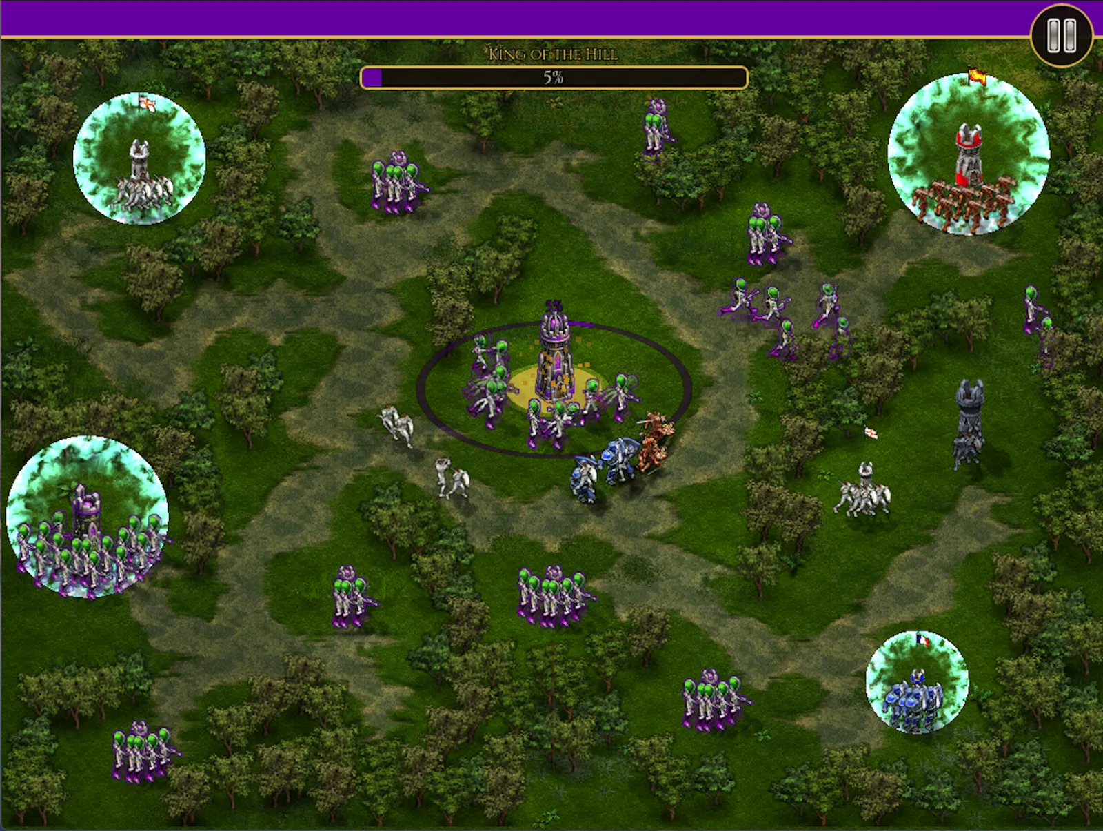 Alien nation swarming a King of the Hill map in purple and green.