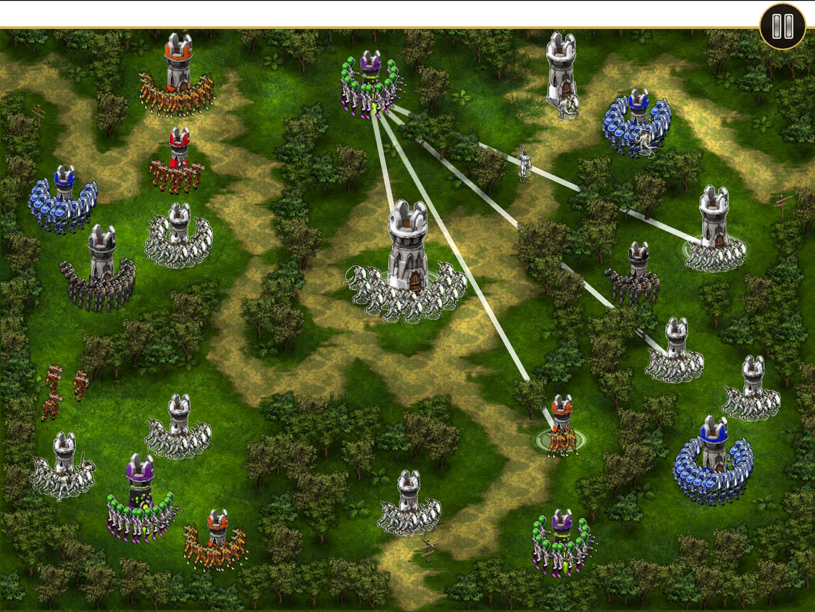 Campaign battle — squads streaming between towers across a forest map, attack lines mid-flight.