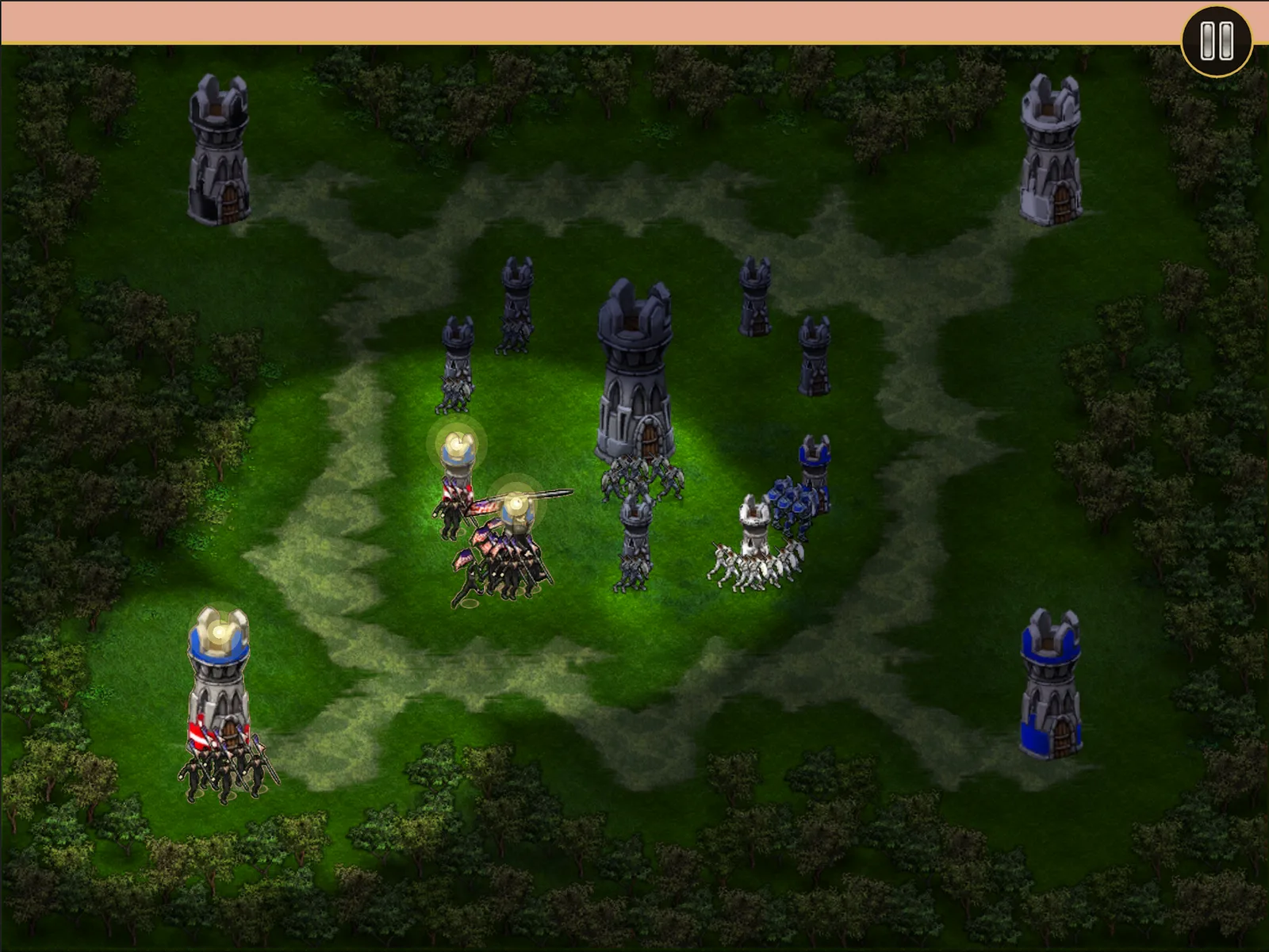 Dark-mode battle — lantern-lit squads advancing through blacked-out terrain.