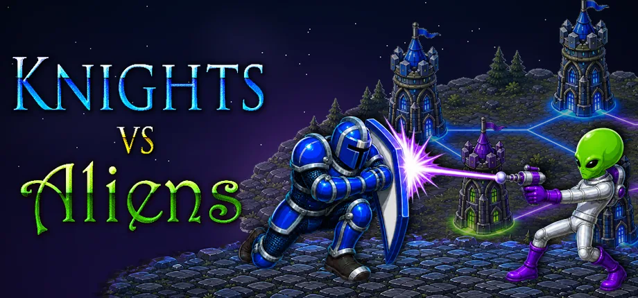 Knights vs Aliens capsule art — a knight charging an alien across a night battlefield.