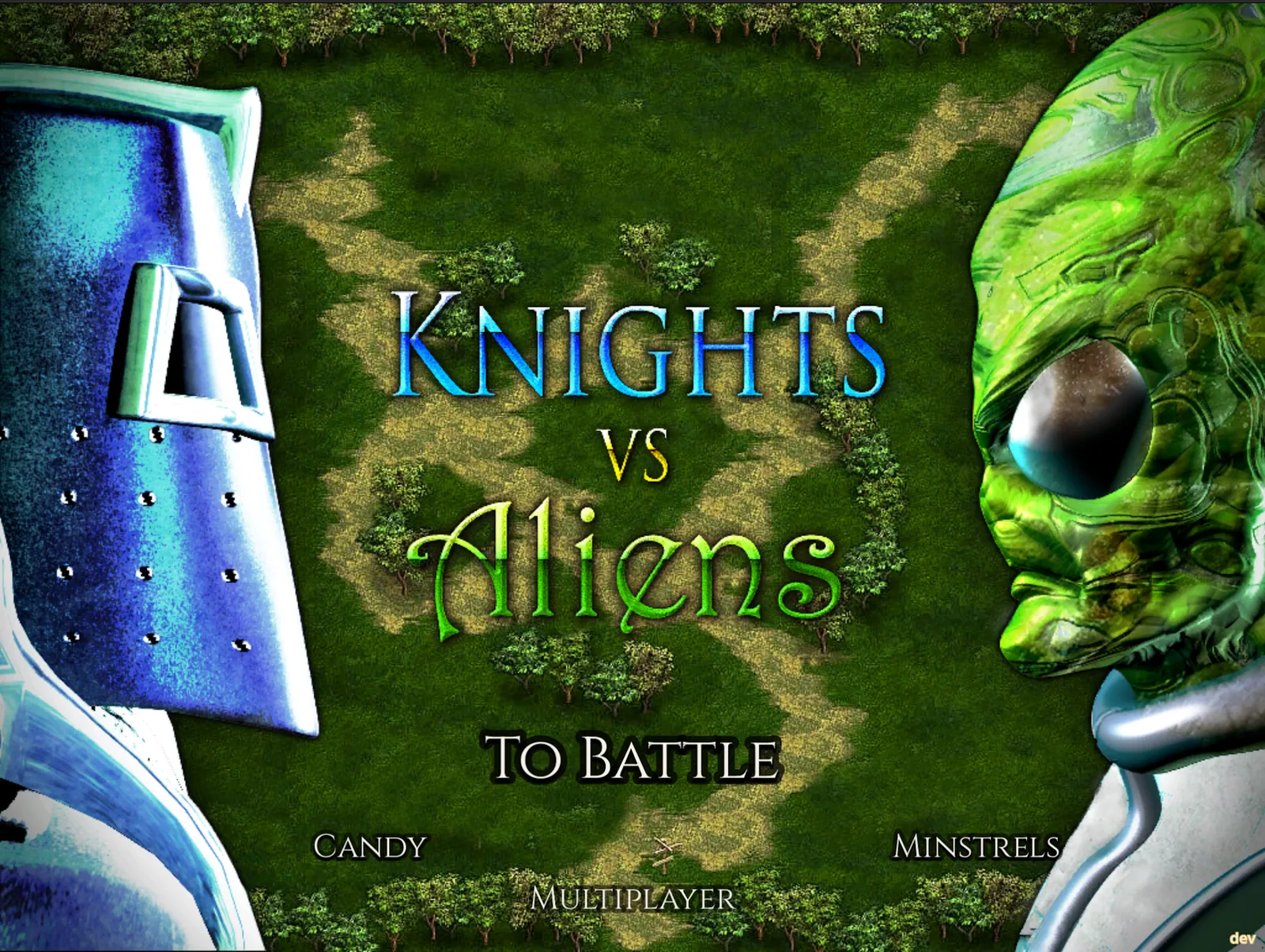Knights vs Aliens main menu — a knight and an alien face off across a forest battlefield.