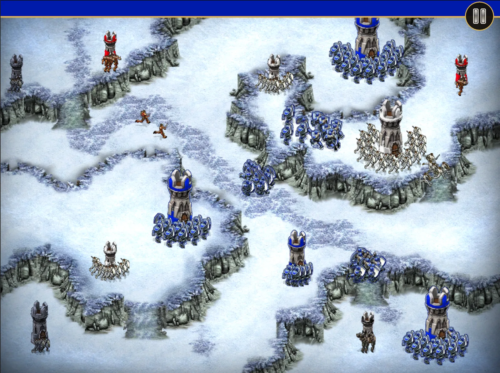 Winter map — blue armies holding towers across snow and rock.